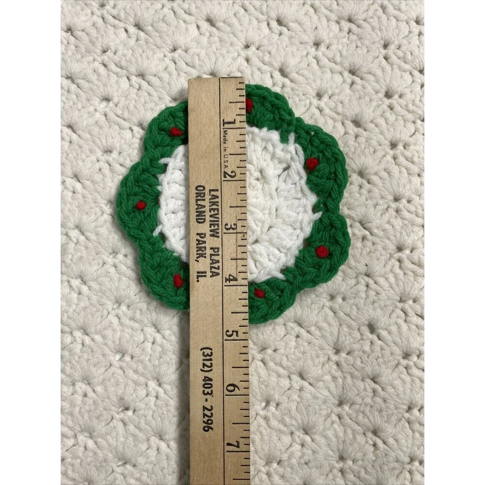 4 Placemats 4 Coasters Crocheted Handmade Christmas Red Green White 19”x13”